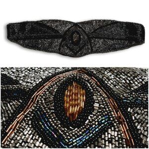 DEENA & OZZY Beaded Belt Intricate Design Seed Bead Boho Black Sz L